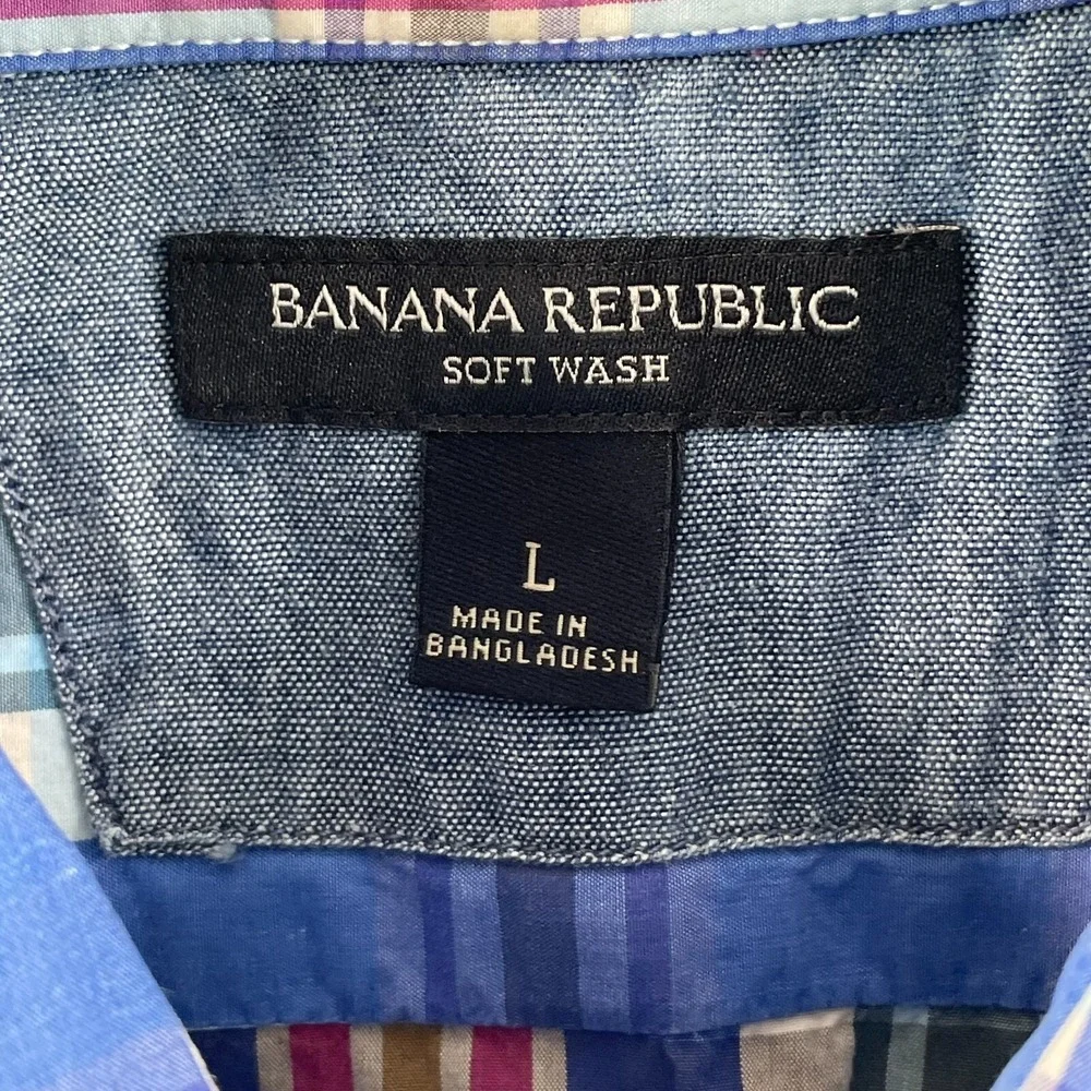 Banana Republic Soft Wash Shirt Men Large Multi Plaid Pocket Short Sleeve Preppy